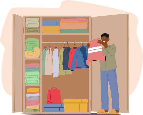Man Organizing Clothes In Neatly Arranged Wardrobe At Home  Illustration