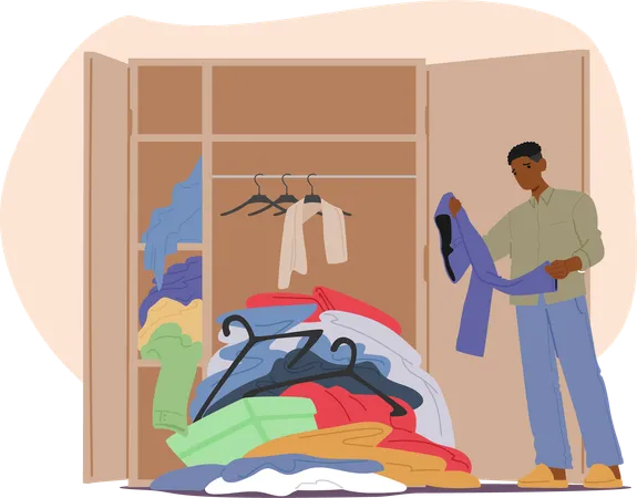 Man Organizing Cluttered Closet Filled With Various Clothes  Illustration