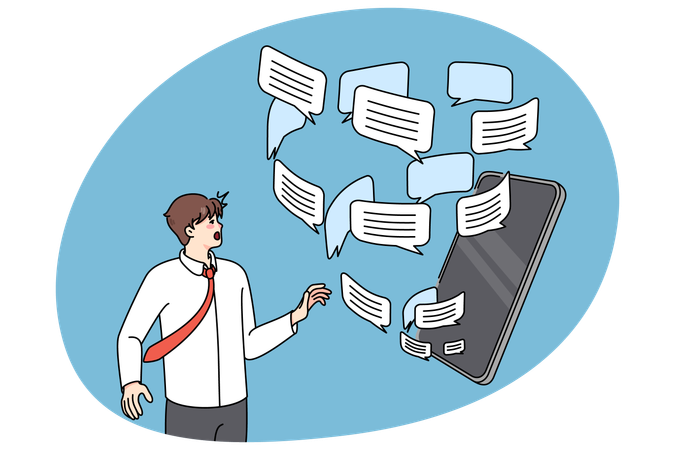 Man overwhelmed with email notification on cellular  Illustration