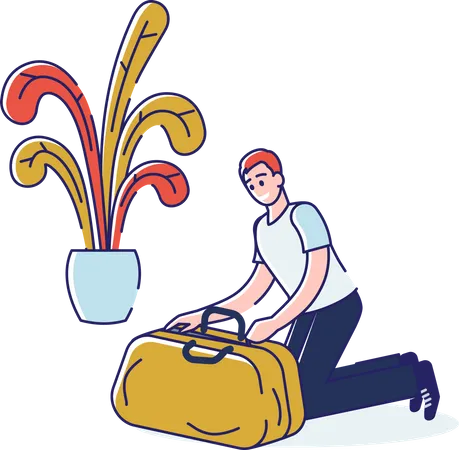 Man Packing Young Cartoon Guy Closing Suitcase With Clothes And Essentials For Business Travel Or Summer Vacation Male Character Preparing Luggage For Journey Linear Vector Illustration Illustration