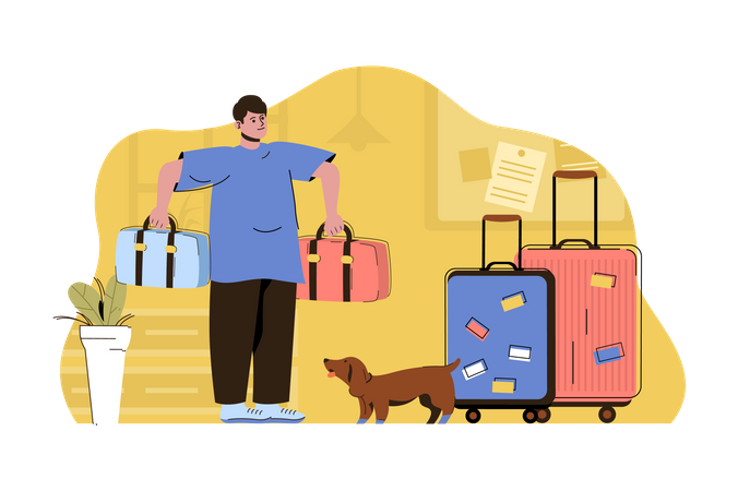 Man packing luggage and preparing for a vacation trip Illustration