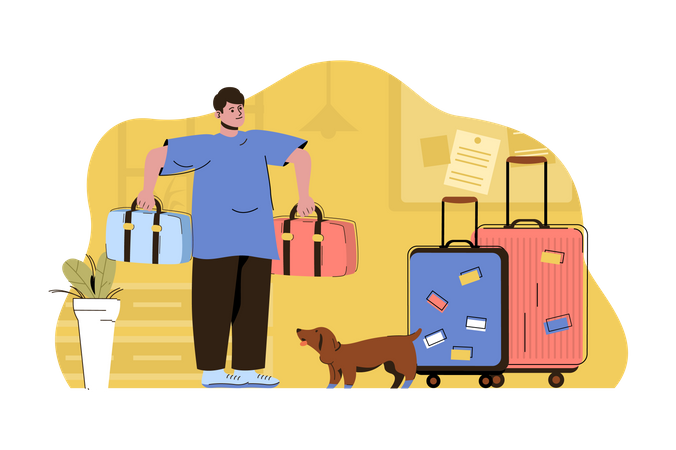 Man packing luggage and preparing for a vacation trip  Illustration