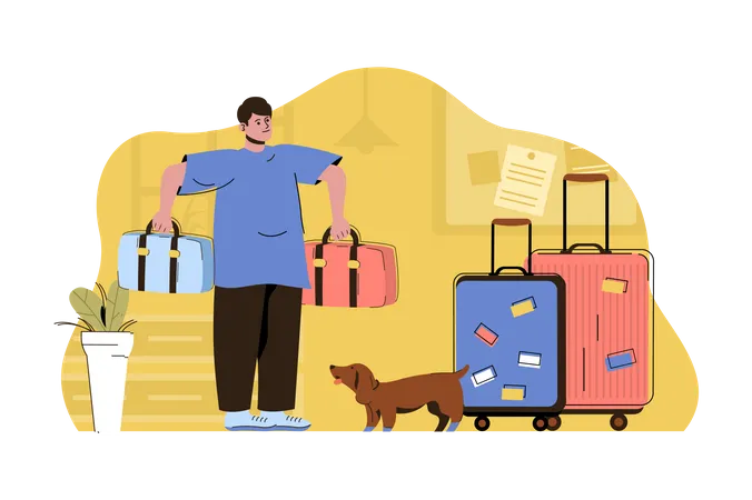 Man packing luggage and preparing for a vacation trip  Illustration