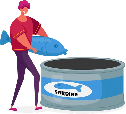 Man packing sardine fish into tin can Illustration