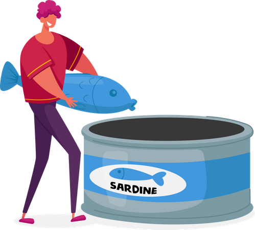 Man packing sardine fish into tin can  Illustration