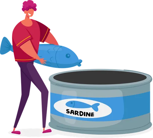 Man packing sardine fish into tin can  Illustration