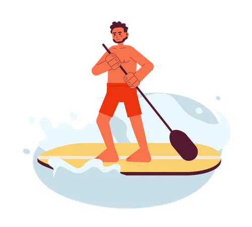 Indian Man Paddleboarding On Lake Flat Vector Spot Illustration Guy In Swimwear Standing Up Paddle Board 2 D Cartoon Character On White For Web UI Design Sport Isolated Editable Creative Hero Image Illustration