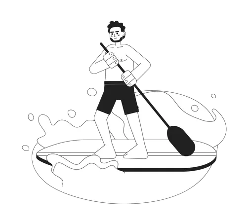 Indian Man Paddleboarding On Lake Monochrome Vector Spot Illustration Guy In Swimwear Standing Up Paddle Board 2 D Flat Bw Cartoon Character For Web UI Design Isolated Editable Hand Drawn Hero Image Illustration