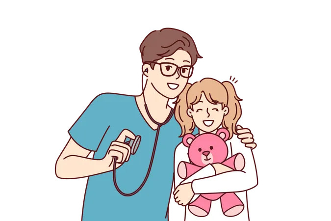 Man paediatrician hugs little girl with toy  Illustration