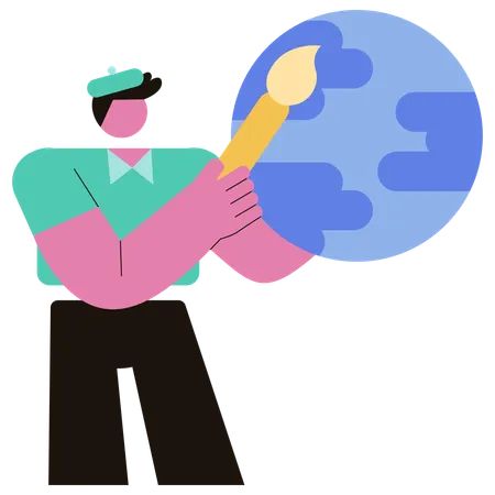 Man Painting Earth planet  Illustration