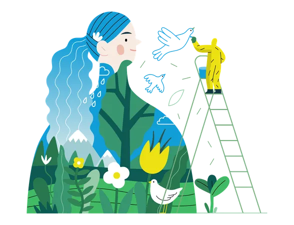 Greenery Ecology Modern Flat Vector Concept Illustration Of A Man Painting A Mural Of A Woman Composed With Landscape Metaphor Of Environmental Sustainability And Protection Closeness To Nature Illustration