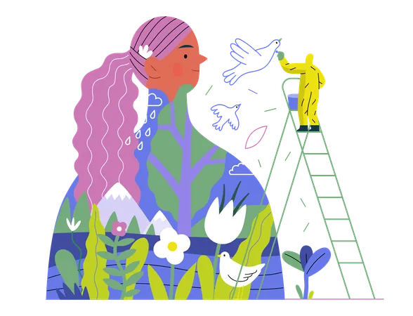 Greenery Ecology Modern Flat Vector Concept Illustration Of A Man Painting A Mural Of A Woman Composed With Landscape Metaphor Of Environmental Sustainability And Protection Closeness To Nature Illustration