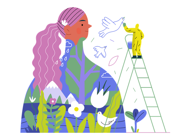 Man painting  mural of  woman  일러스트레이션