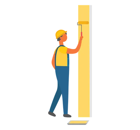 Man Using Paint Roller To Change Color Of Wall Vector Paint In Container Flat Style Character Male Wearing Uniform And Helmet Workman With Tool Illustration