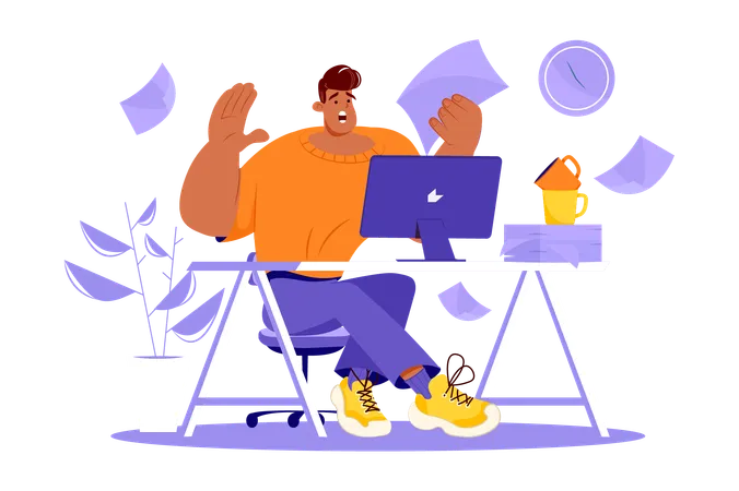 Deadline Violet Concept With People Scene In The Flat Cartoon Design The Man Panics Because He Does Not Have Time To Complete The Task Before The Deadlines Vector Illustration Illustration