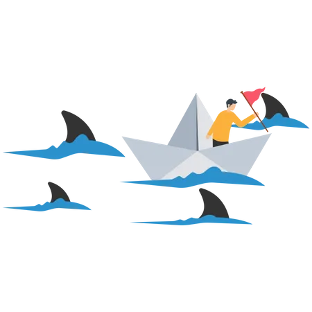 Man  paper boat with Hold the flag in ocean Illustration