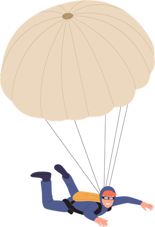 Man paratrooper using parachute free flying in sky enjoying skydiving hobby  イラスト