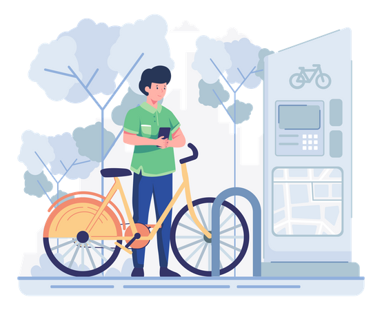 Man park bicycle at the parking station Illustration