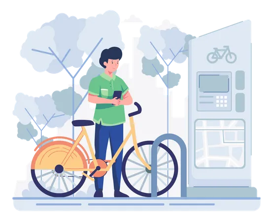 Man park bicycle at the parking station Illustration