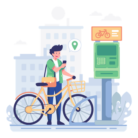 Man parking bike at drop off station  Illustration