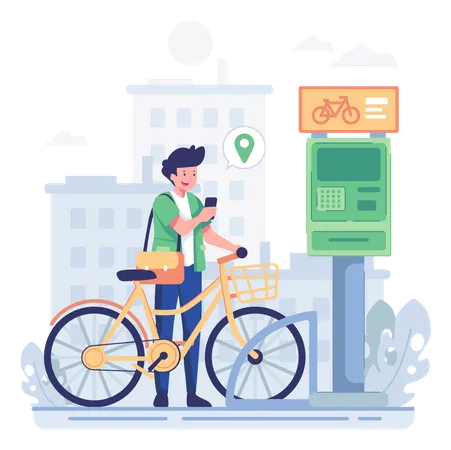 Man parking bike at drop off station  Illustration