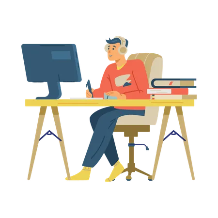 Man participating in online training or courses  Illustration