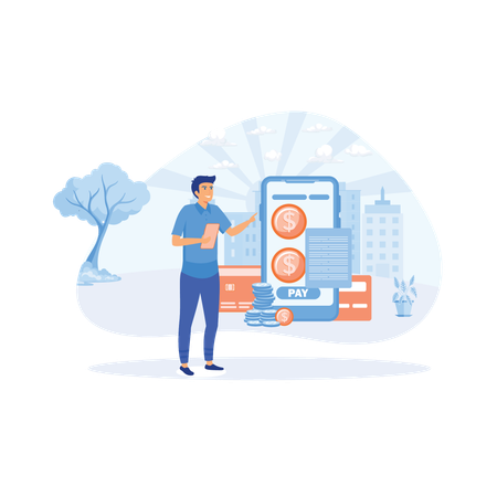 Man pay bills online using mobile phone  Illustration
