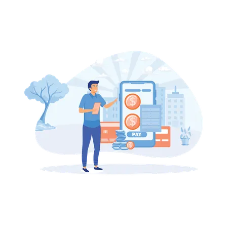 Man pay bills online using mobile phone  Illustration