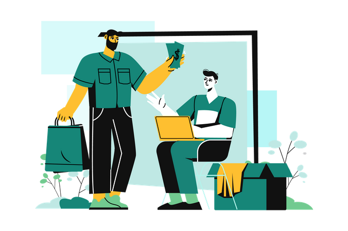 Man paying cash to vendor  Illustration