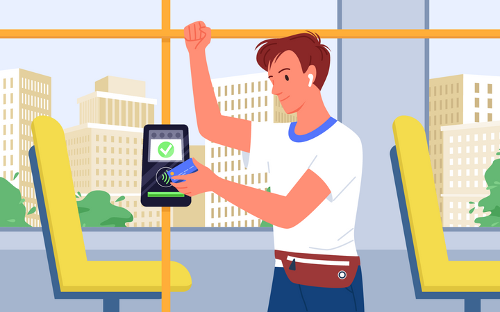 Man paying for public transport using tap to pay  イラスト