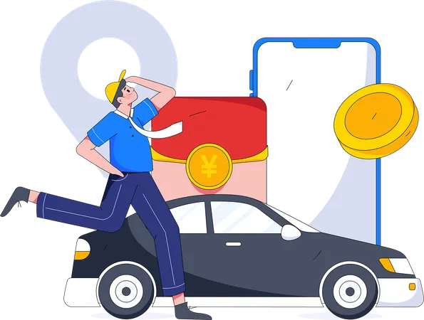 Man paying taxi rent using mobile  Illustration