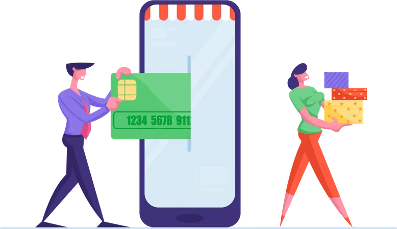 Businessman Character Enter Credit Card To Smartphone Screen For Goods Wireless Payment Woman Carry Purchases Online App For Shopping Digital E Commerce Sales Cartoon People Vector Illustration 일러스트레이션