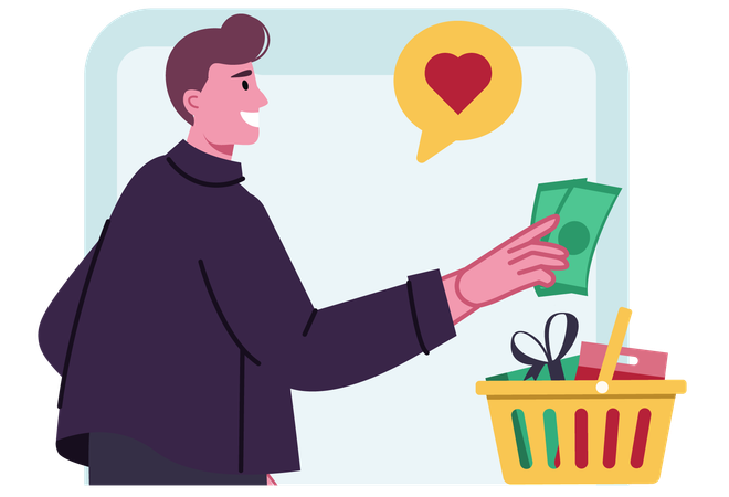 Man pays cash for shopping items  Illustration