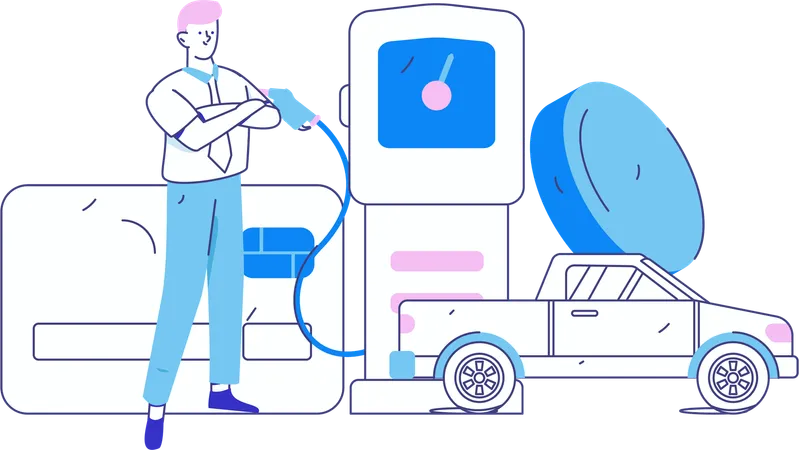 Man pays money at fuel station pump  Illustration