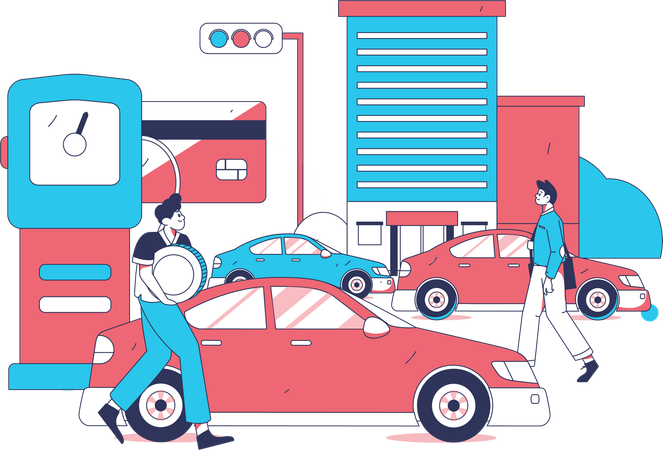 Man pays Yen coins for car fuel  Illustration