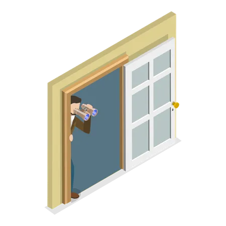 Man peeking through door  Illustration