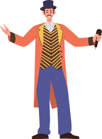 Man performer character in festive stage costume announcing next circus number with microphone  Illustration