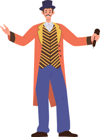 Man performer character in festive stage costume announcing next circus number with microphone  Illustration