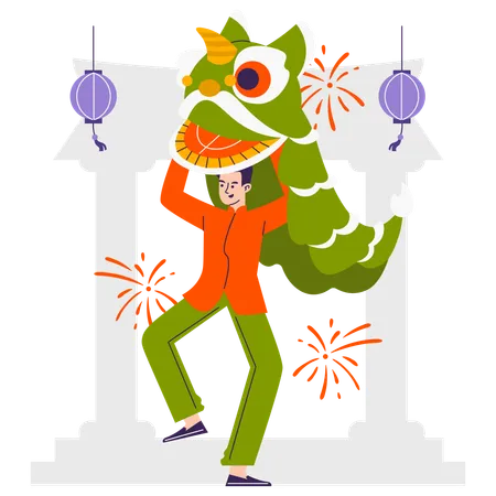 Man performing lion dance  Illustration