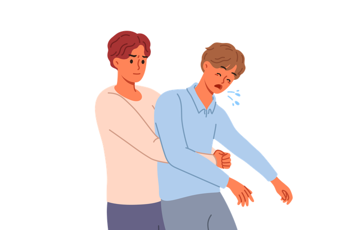 Man performs heimlich maneuver for choking friend  Illustration