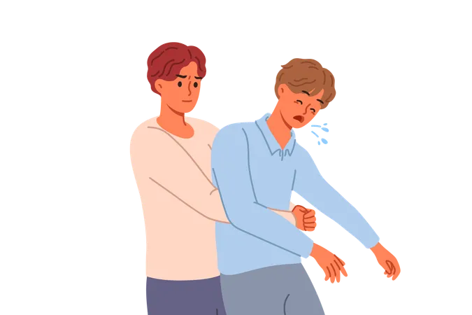 Man performs heimlich maneuver for choking friend  Illustration