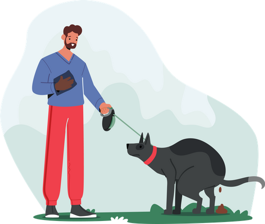 Man Pet Owner Ready for Removing Dog Waste after Poop on Street  Illustration