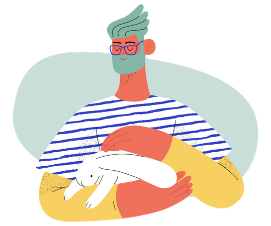 Man petting rabbit into arms  Illustration