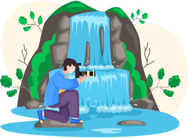 Man photographing water flow falls down mountain  Illustration