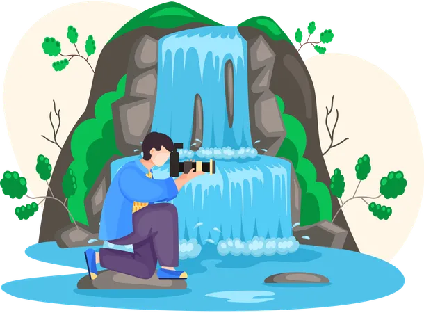 Man photographing water flow falls down mountain  Illustration