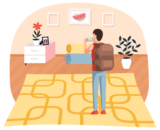 Man photographs room stands near rolled carpets  Illustration