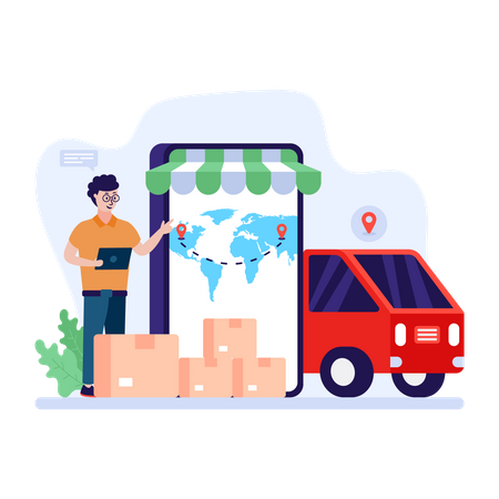 Man picking delivery location on world map Illustration