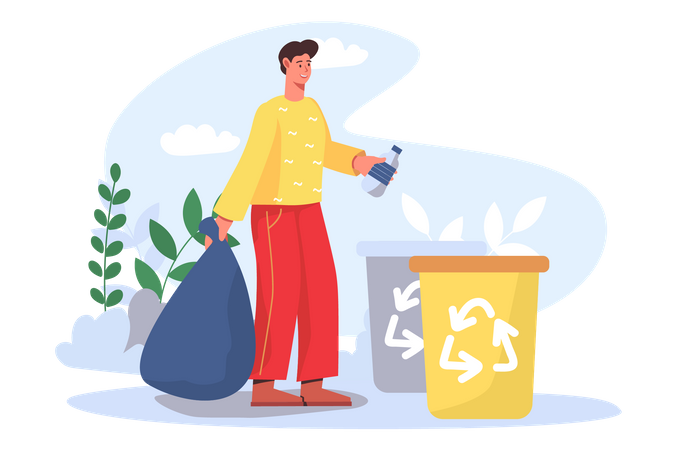 Man picking plastic bottles and throws bins for recycling Illustration