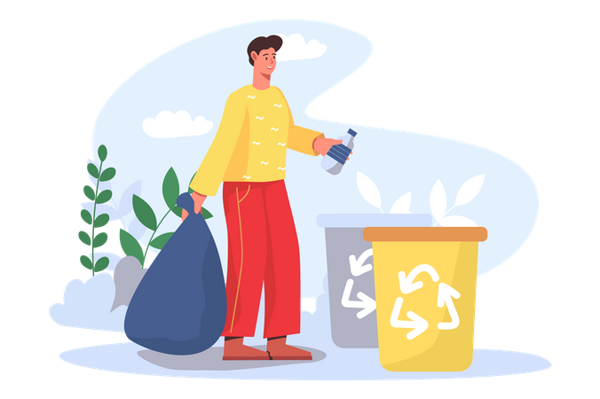 Man picking plastic bottles and throws bins for recycling  Illustration