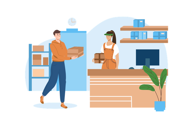 Man picks up a parcels from the post office  Illustration